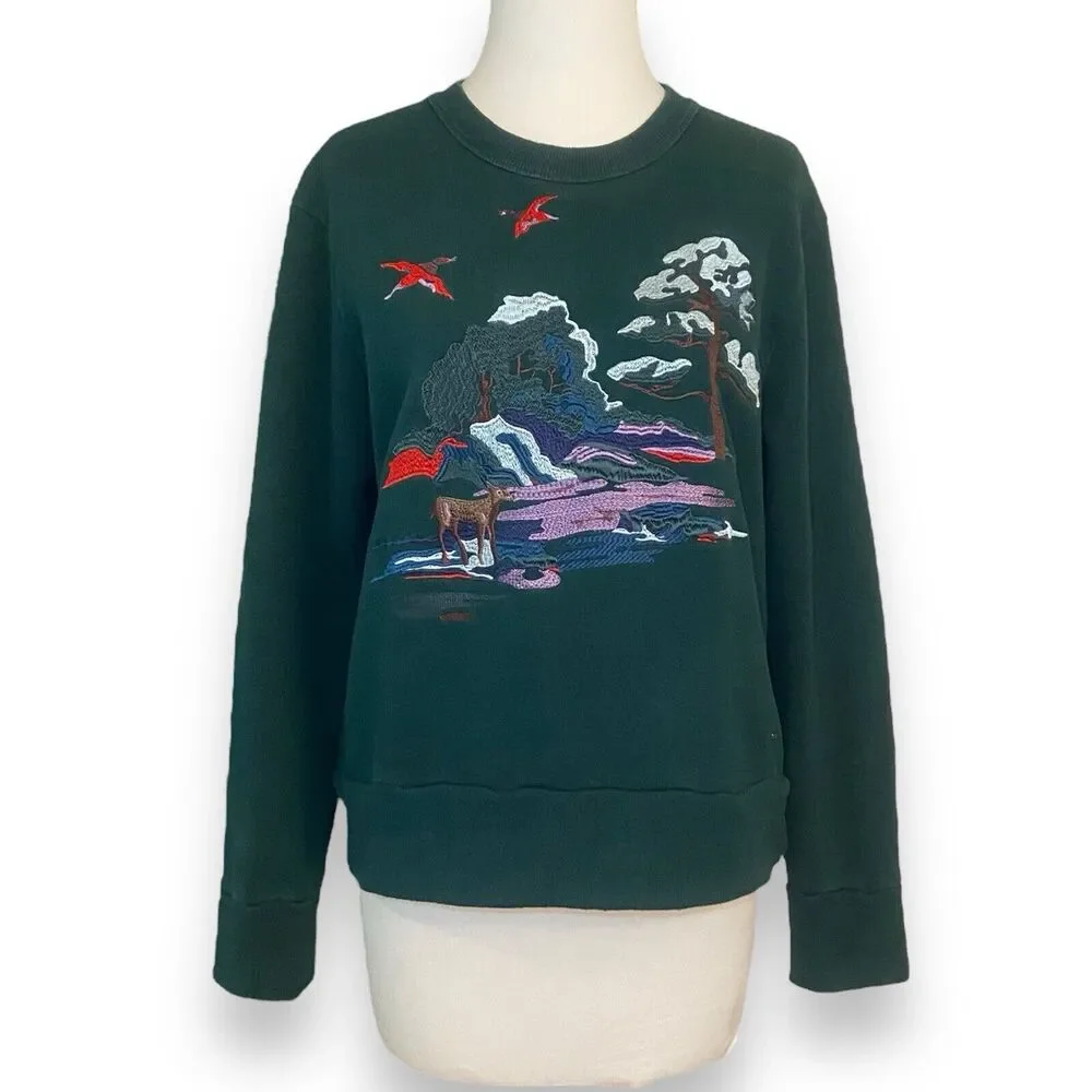 RARE Coach Embroidered Sweater Pullover Women's Size L Green Cotton Cottagecore